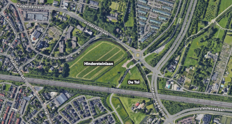 Kaart waarop het ontwikkelgebied van Hindersteinlaan en de Tol is afgebeeld