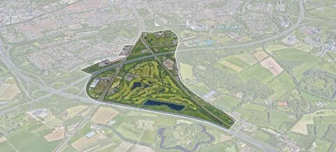 Luchtfoto van Utrecht Oost met het onderzoeksgebied omlijnd.