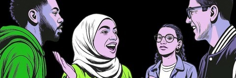 Een cartoon van een gesprek tussen verschillende personen