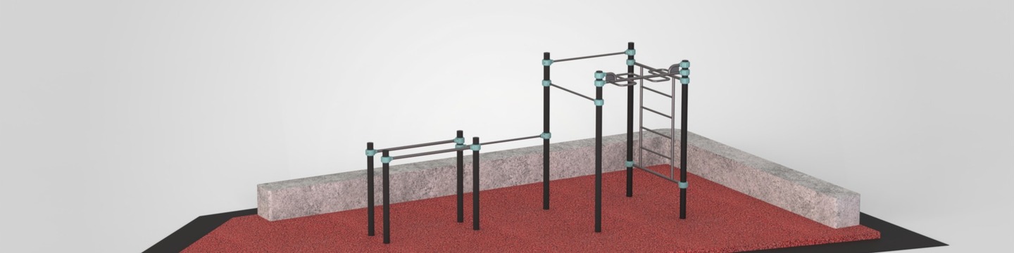 Rode gietrubberen ondergrond met betonnen zitranden. Diverse stalen elementen waarop workouts kunnen worden beoefend in de kleurstelling zwart met lichtblauwe koppelstukken. 