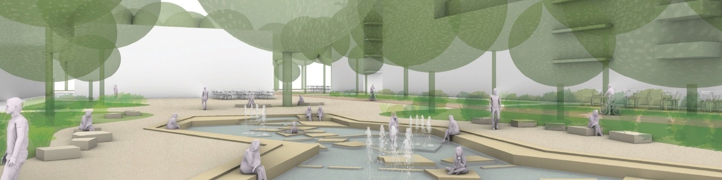 Impressie Zaaierplein met waterelement en groen