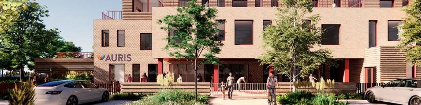 Afbeelding van de hoofdingang van het nieuwe gebouw