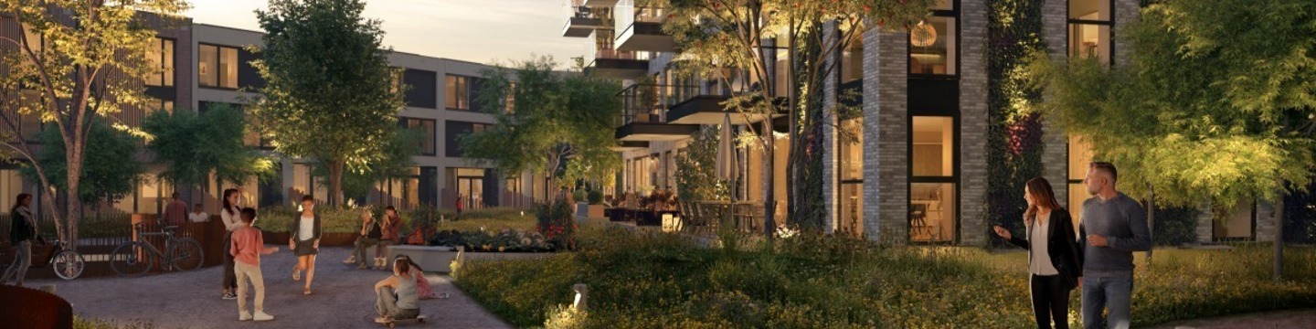 Artist impression met zicht op één van de ontworpen binnentuinen van een woonblok in Cartesius.