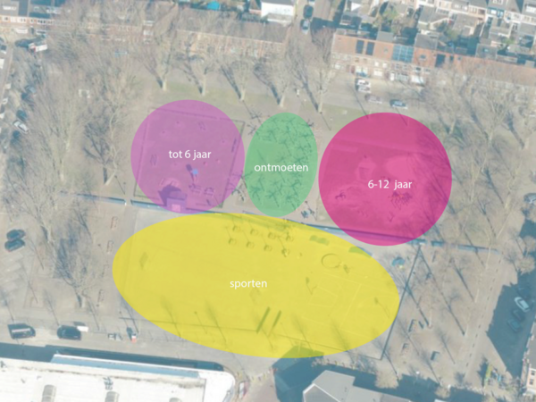 plattegrond schimmelplein met speel-, sport- en ontmoet gedeelten. 