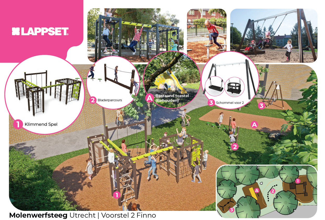 In het tweede ontwerp zit een dubbele schommel (peuter en gewoon), de bestaande slak glijbaan, een evenwichtsbalk en een klimstoestel. De rubbertegels worden vervangen door Tigermulch.