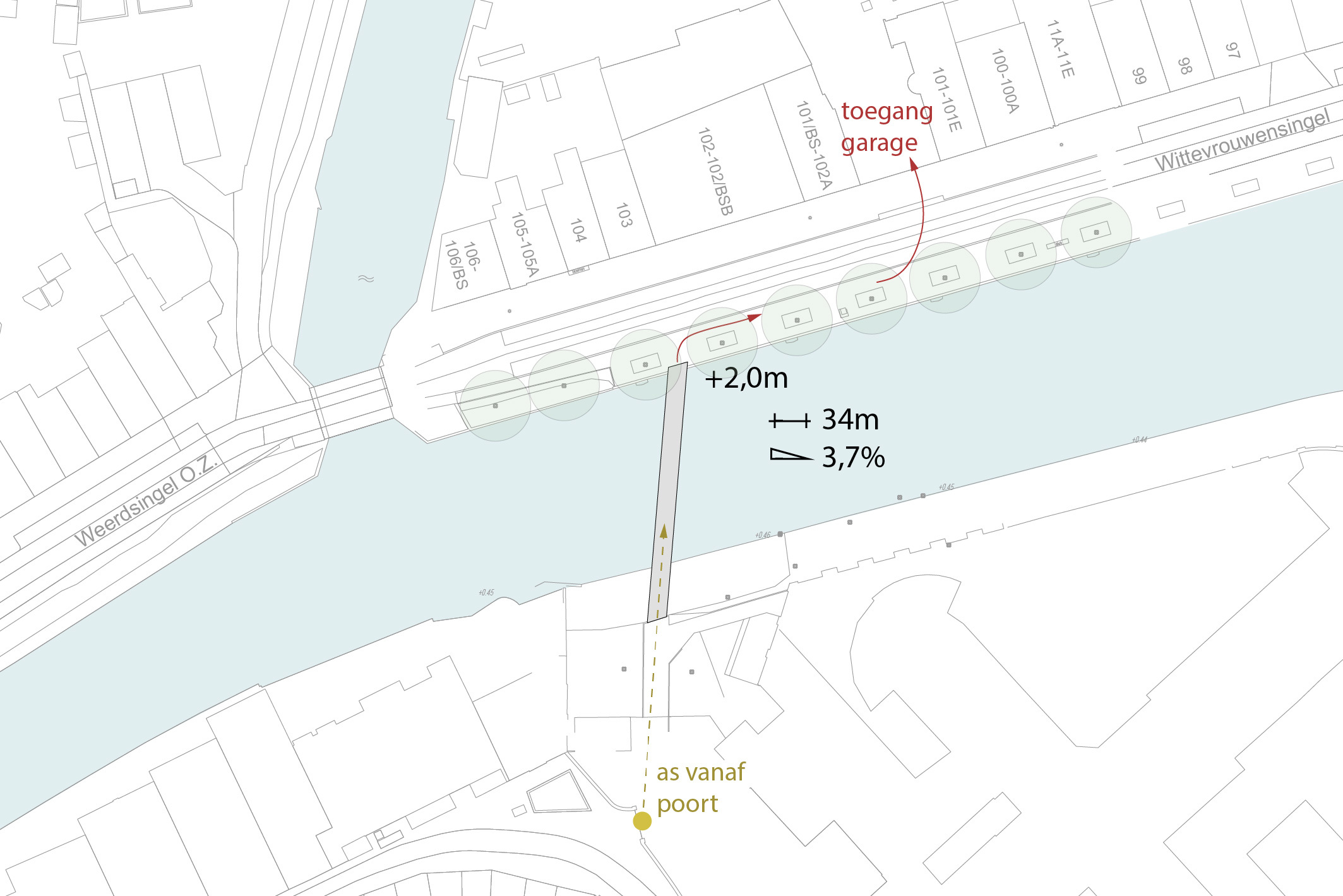 Voorstel voor de locatie van de brug voor voetgangers tussen Wolvenplein en Wittevrouwensingel.