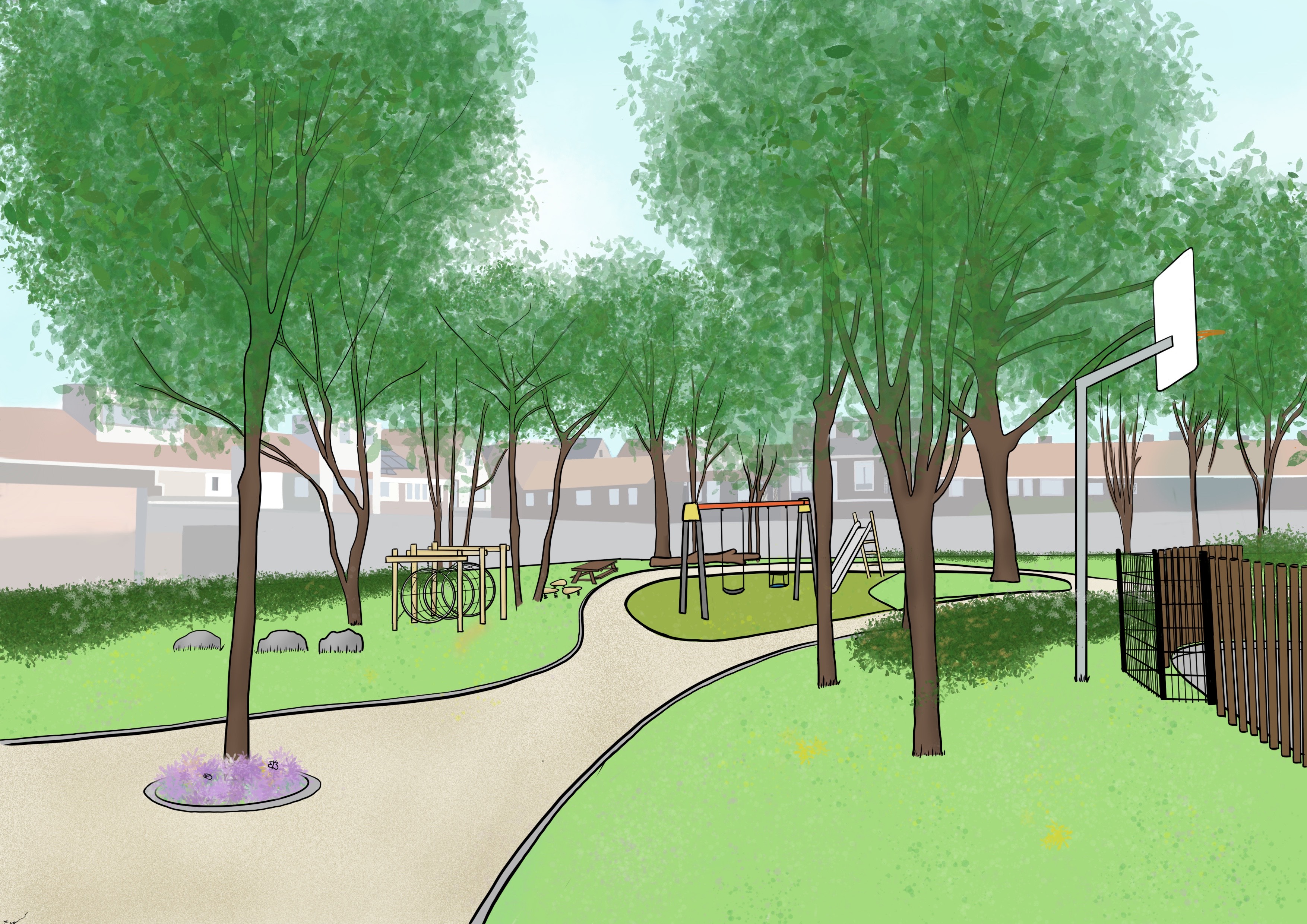 Beeld van nieuwe indeling speelplek zonder hek