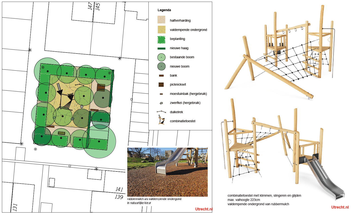 Speeltoestel op hofje B: glijbaan, klauternetten en slingergrepen met rubbermulch (gerecycled rubber) als ondergrond.