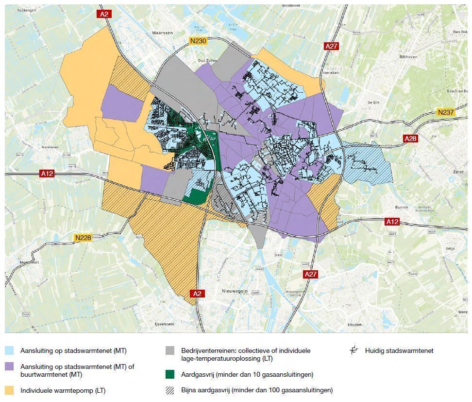 Kaart met voorkeurswarmte-oplossing per buurt. In de bijlage vindt u een overzichtstabel met voorkeursoplossingen (en milieueffecten) per buurt