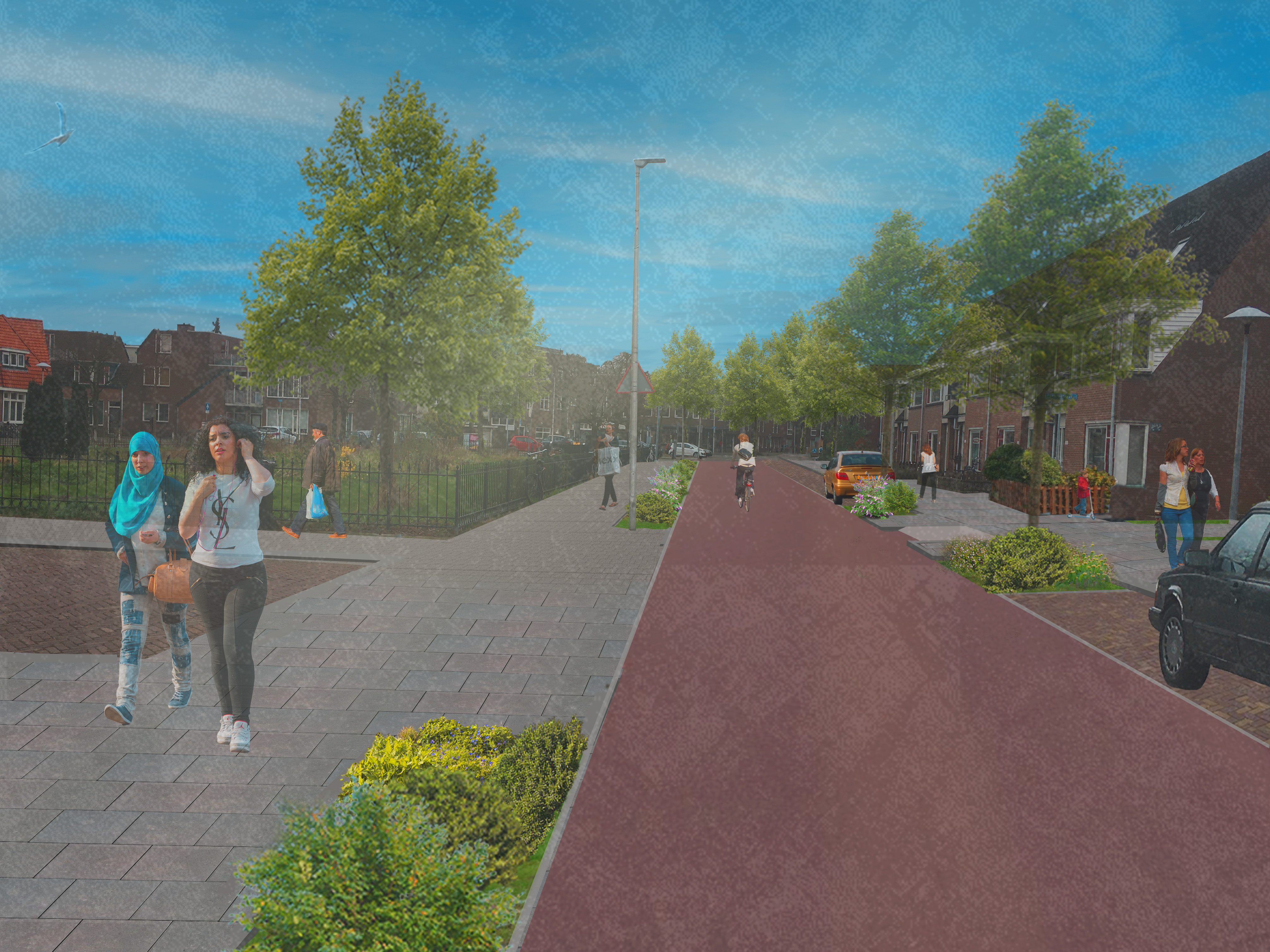 Een beeld van hoe de Waalstraat eruit komt te zien. Het is een eerste indruk. De werkelijkheid kan er straks anders uitzien.