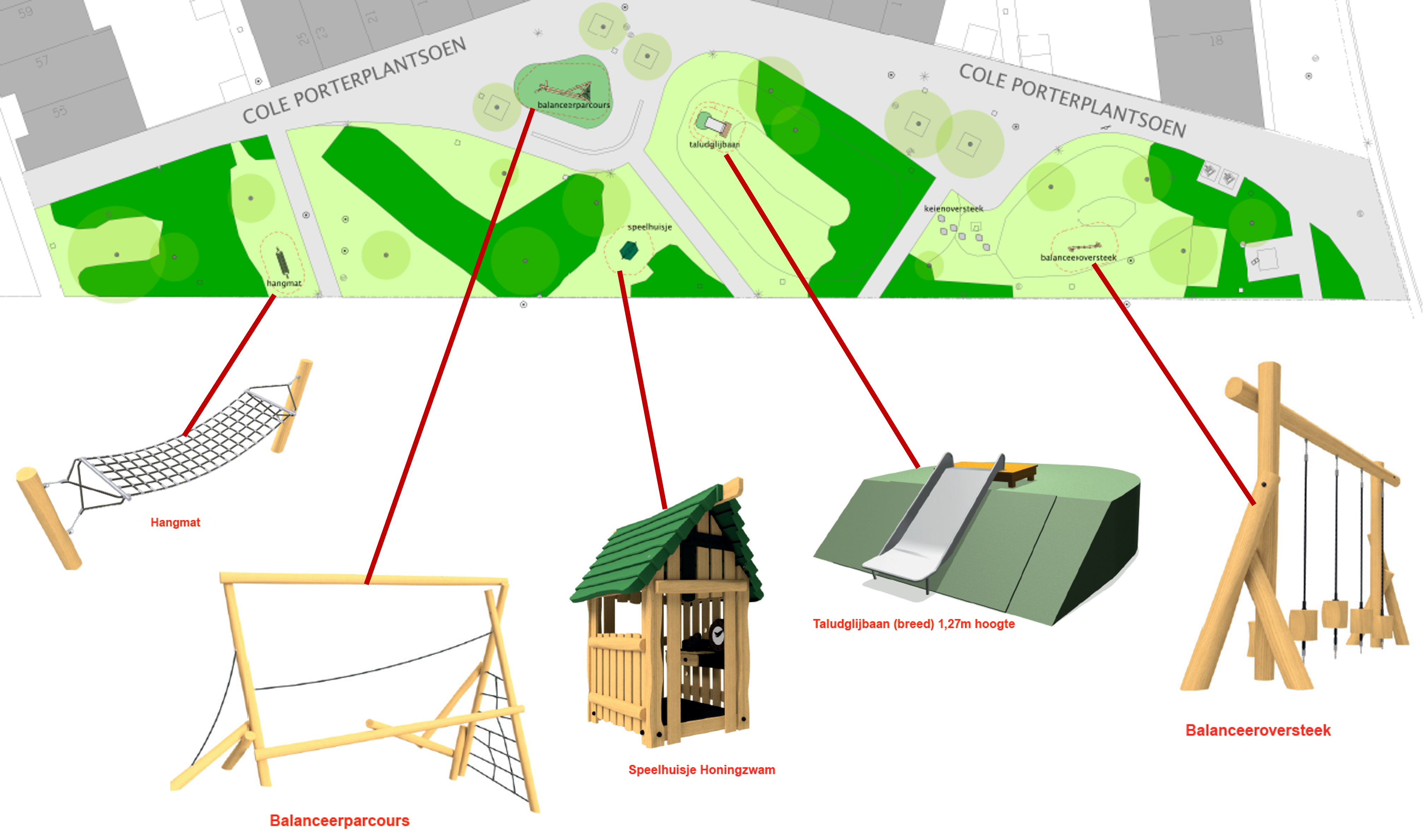 Ontwerp 2: Hangmat, Balanceerparcours, speelhuisje, glijbaan tegen een heuveltje, balanceeroversteek