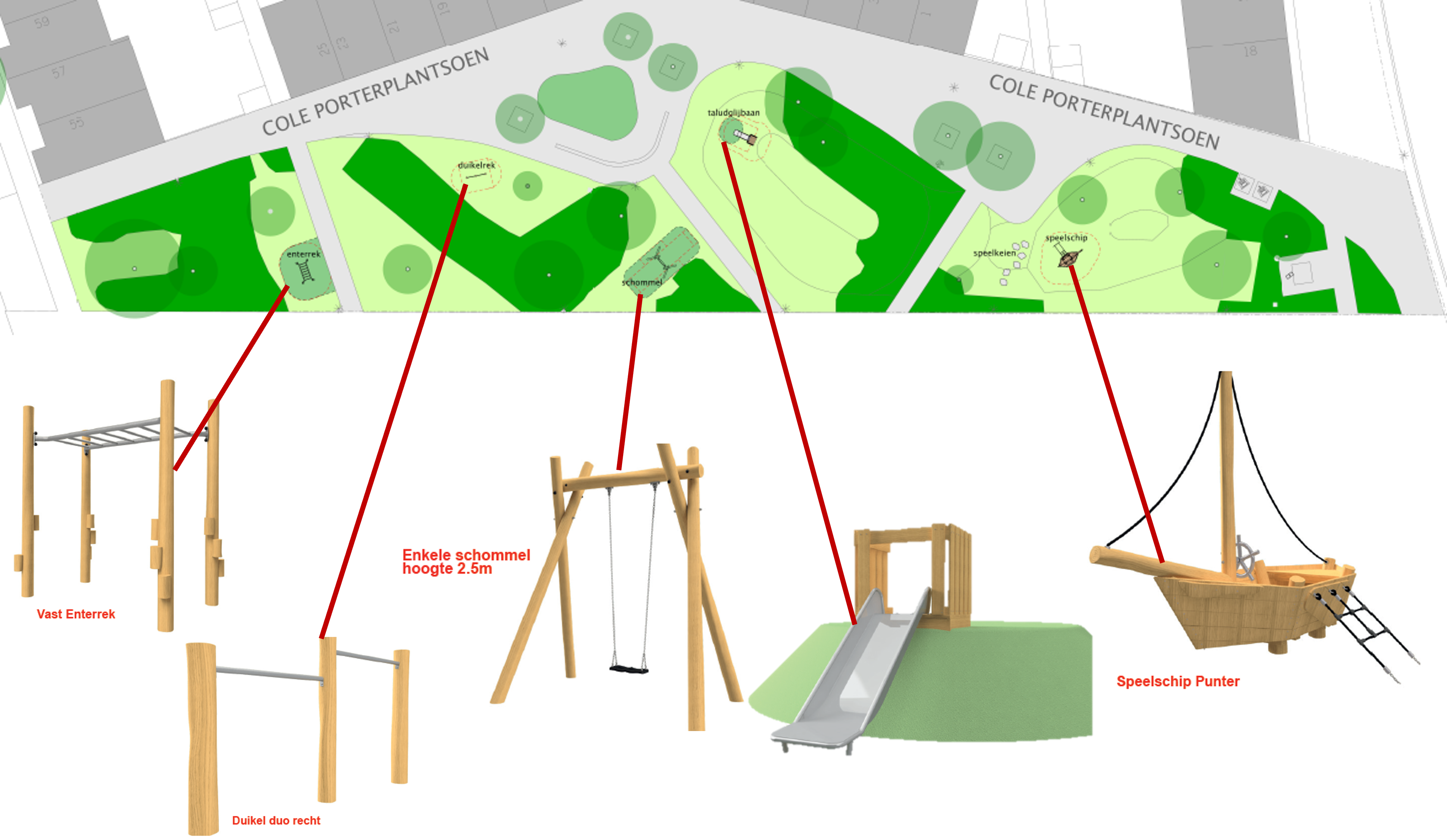 Ontwerp 1: ladder klimrek, dubbel duikelrek, glijbaan tegen een heuveltje, speelschip