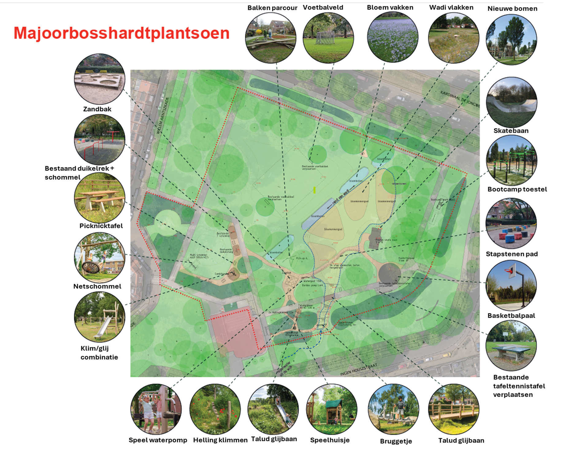 Plattegrond van het plantsoen met de nieuwe en oude elementen die er komen