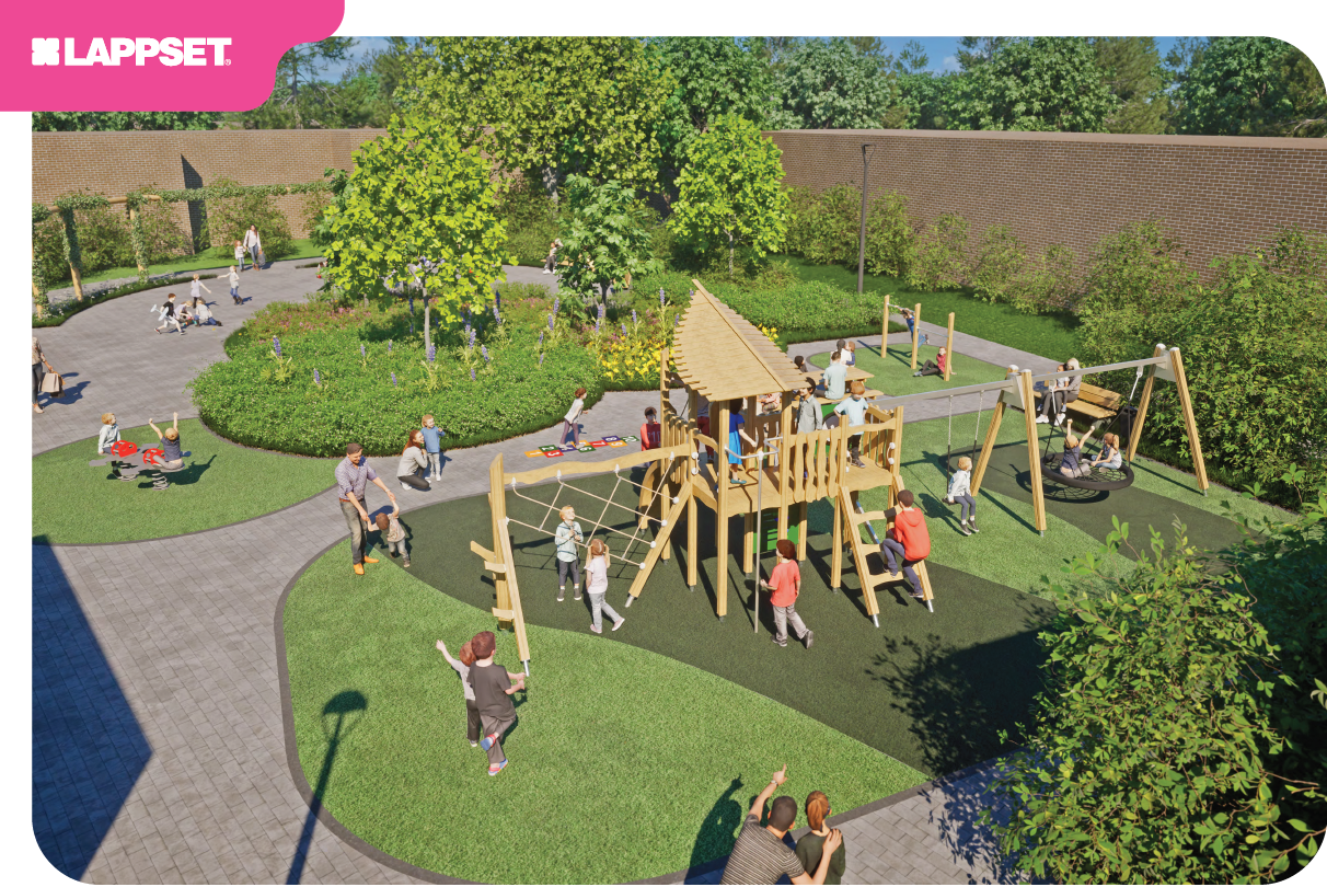 Ontwerp 2: Een uitdagend klim- en klautertoestel met daaraan vast een enkele schommel en vogelnestschommel, een veerelement voor maxmaal 8 kinderen, een 2 delig duikelrek en een hinkelbaan. Ook in dit ontwerp worden de zwarte rubbertegels vervangen door gietrubber in twee kleuren. 