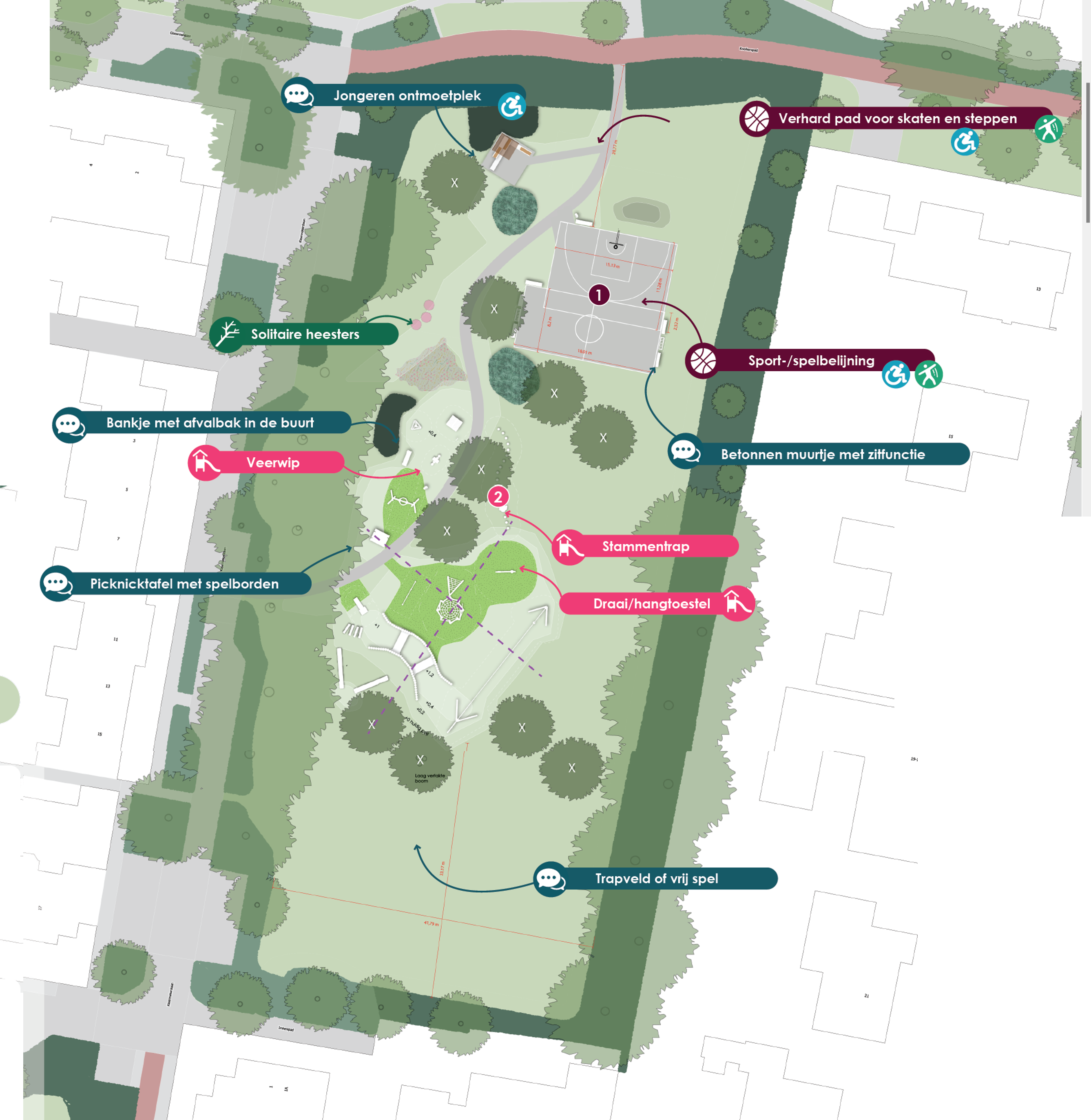 Plattegrond van het plantsoen met daarin de nieuwe onderdelen